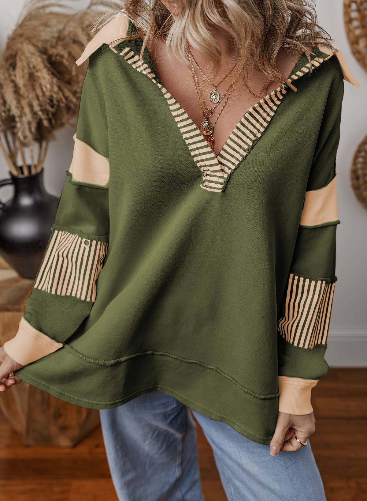 Deep V-Neck Striped And Colored-Color Hoodie