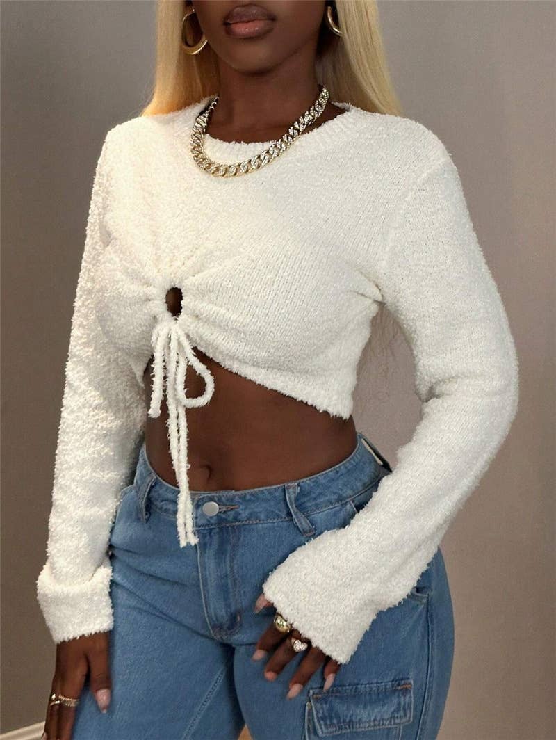 Slim short plush cutout drawstring sweater