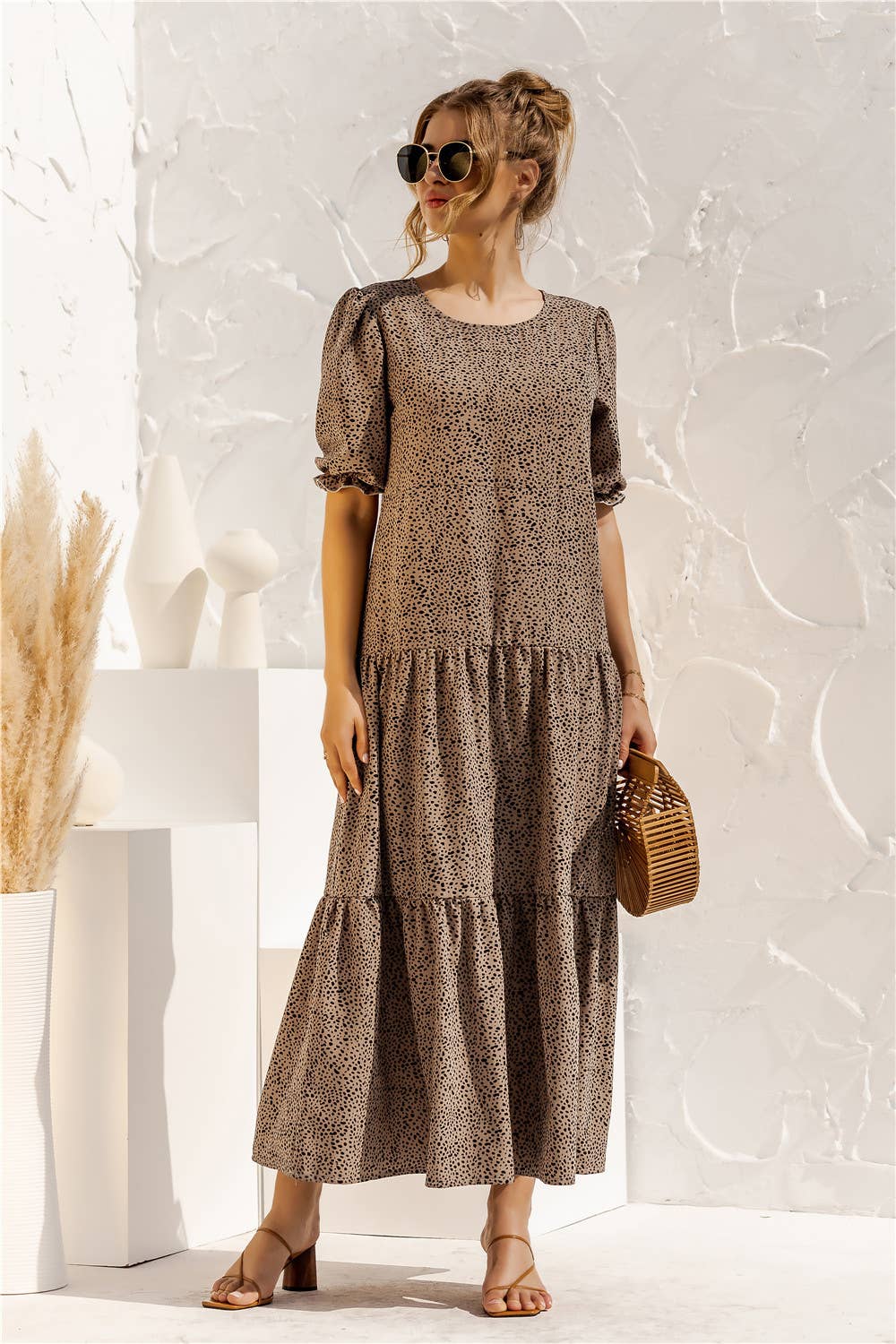 Puffed sleeve polka dot plaid patchwork dress