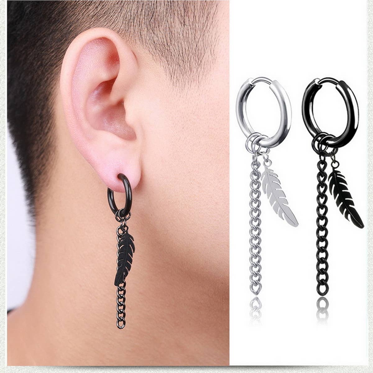 NEW FEATHER SINGLE BLACK CHAIN EARRING
