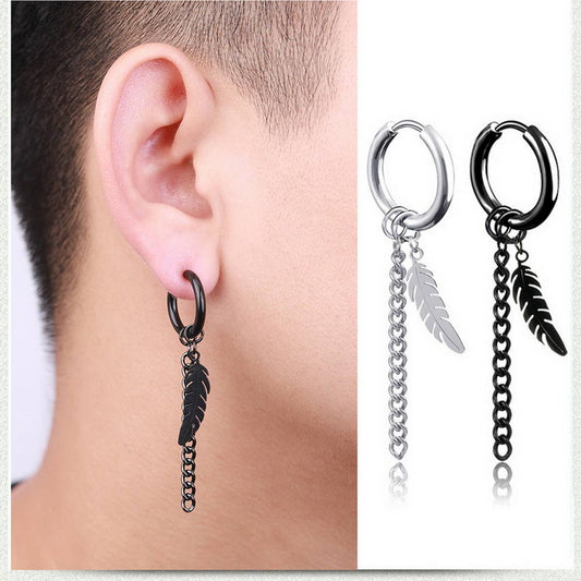 NEW FEATHER SINGLE BLACK CHAIN EARRING