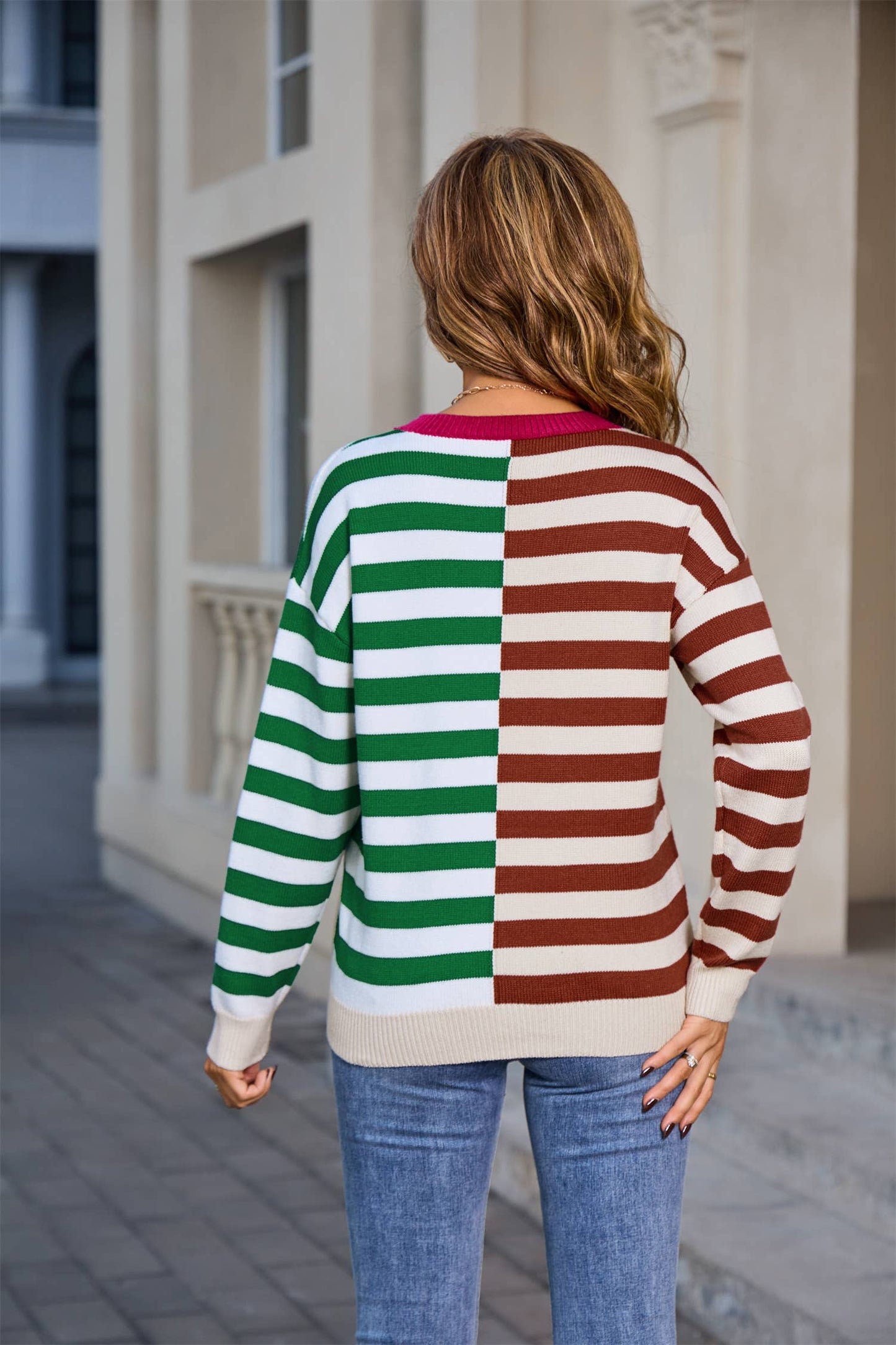 Round-neck stripe color-blocking knitted sweater