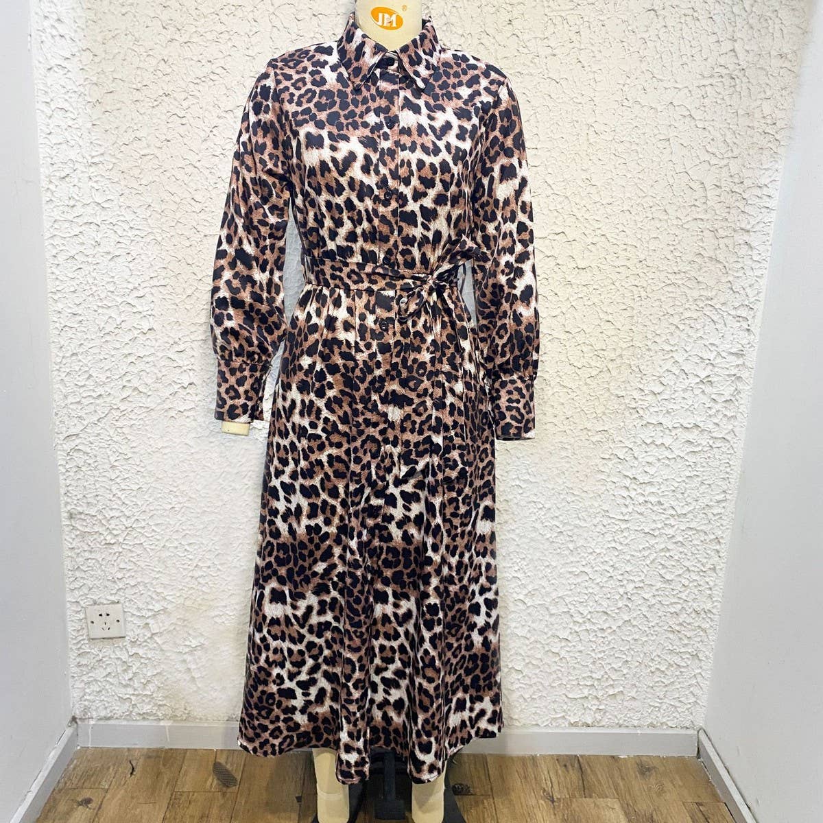 Leopard print belted shirt dress with lapel