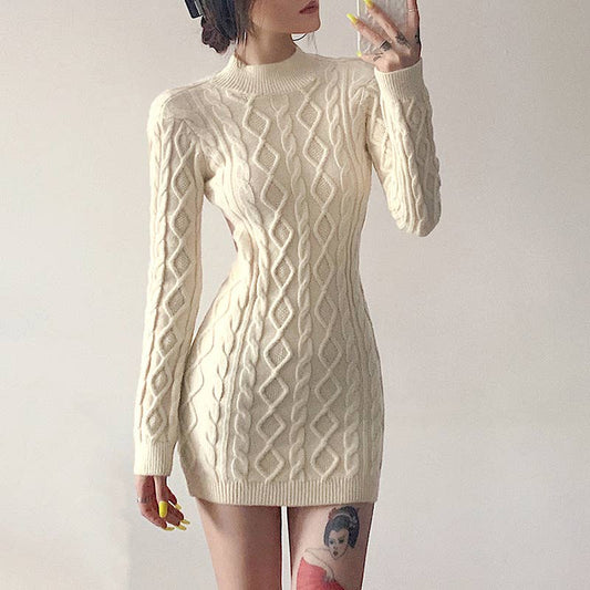LONG-SLEEVED BACKPACK-BARE HIP KNIT DRESS