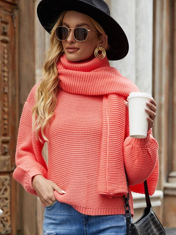 Slouchy crew neck pullover scarf sweater