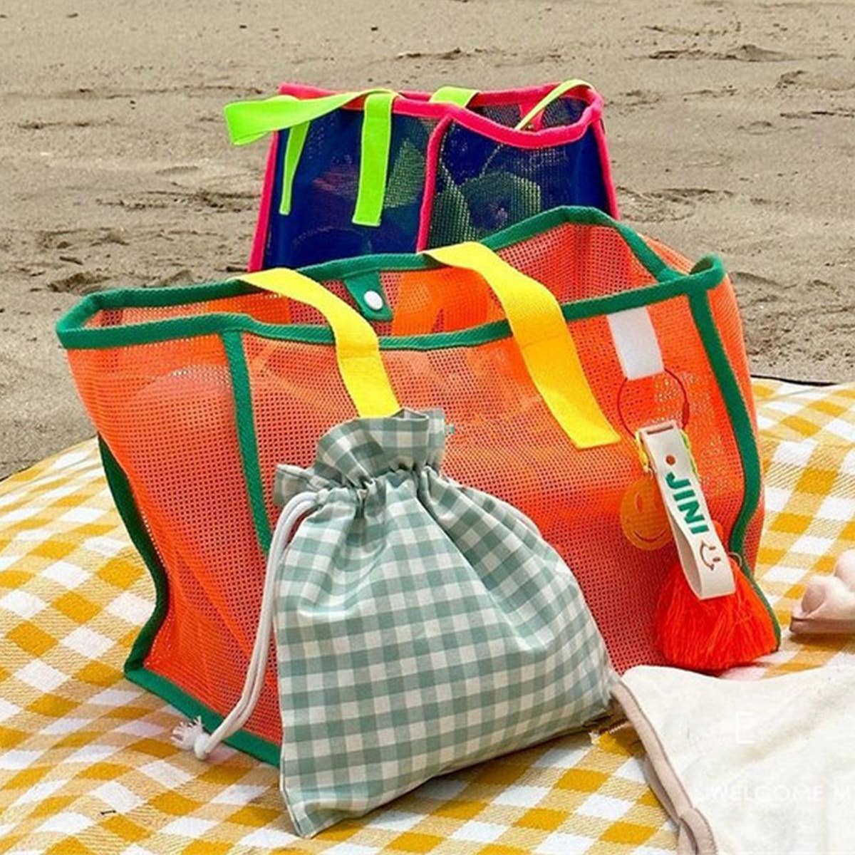 MESH CONTRAST COLOR BEACH TRAVEL STORAGE BAG_CWAB1916