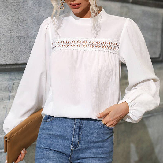 Half High Neck Hollow Out Casual Chiffon Blouse