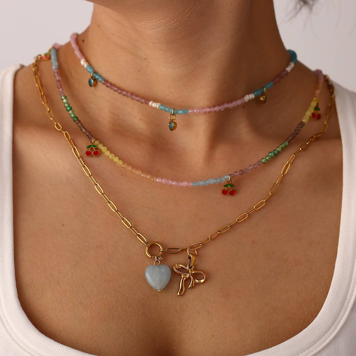 Stainless Steel Cherry Necklace with Bow Charm_CWMM8826