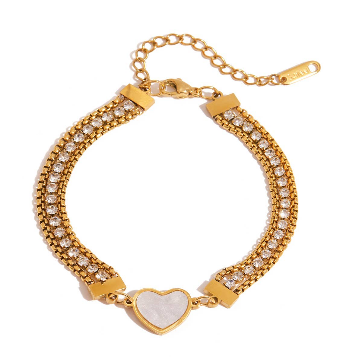 18K Gold Shell Heart Triple Chain Bracelet, Zircon_CWAJE4683