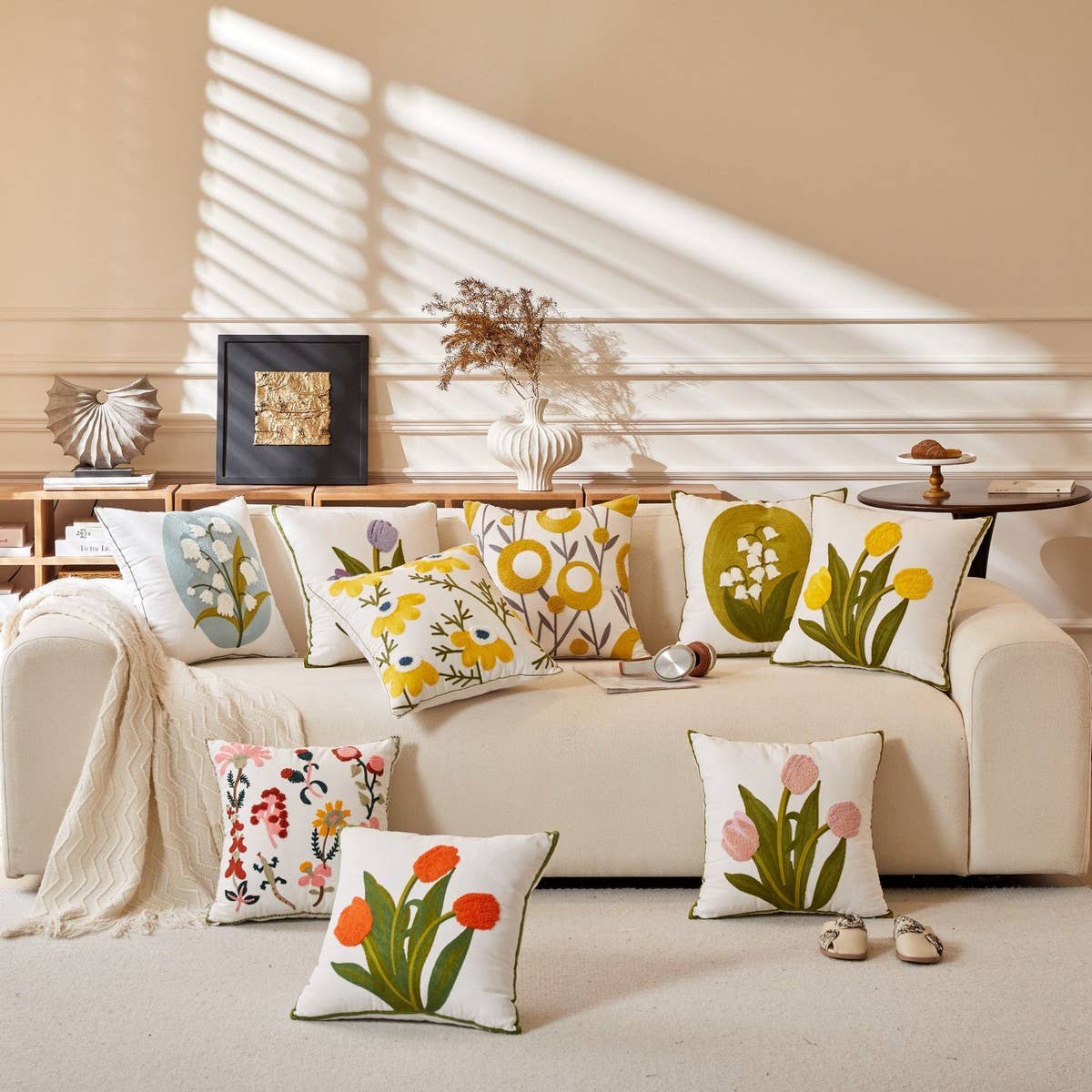 Pink Tulip Embroidered Sofa Pillow Cover_CWMM7706