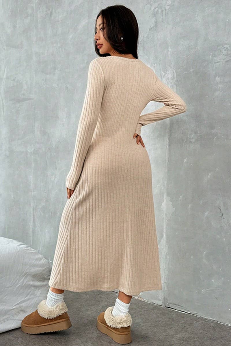 CWDMD00981_ELEGANT SLIM-FIT V-NECK SOLID COLOR SWEATER DRESS