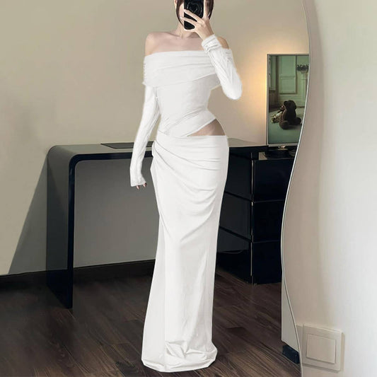 A one-shoulder mesh tulle patchwork cutout dress