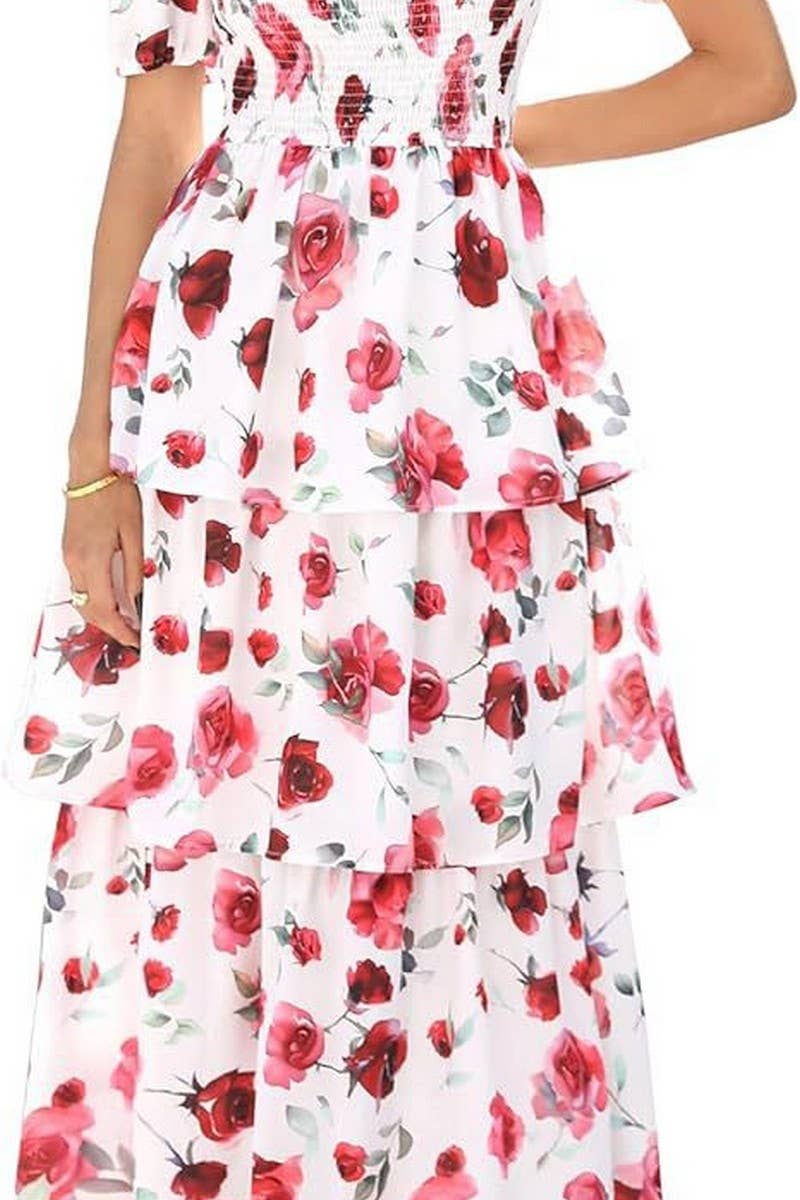 CWDMD01026_SQUARE NECK SHORT SLEEVE FLORAL CHIFFON DRESS