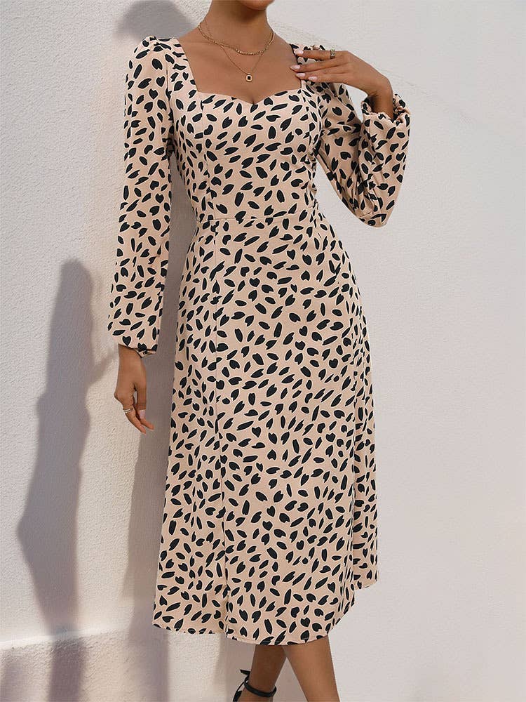 LONG SLEEVE LEOPARD PRINT SQUARE NECK DRESS