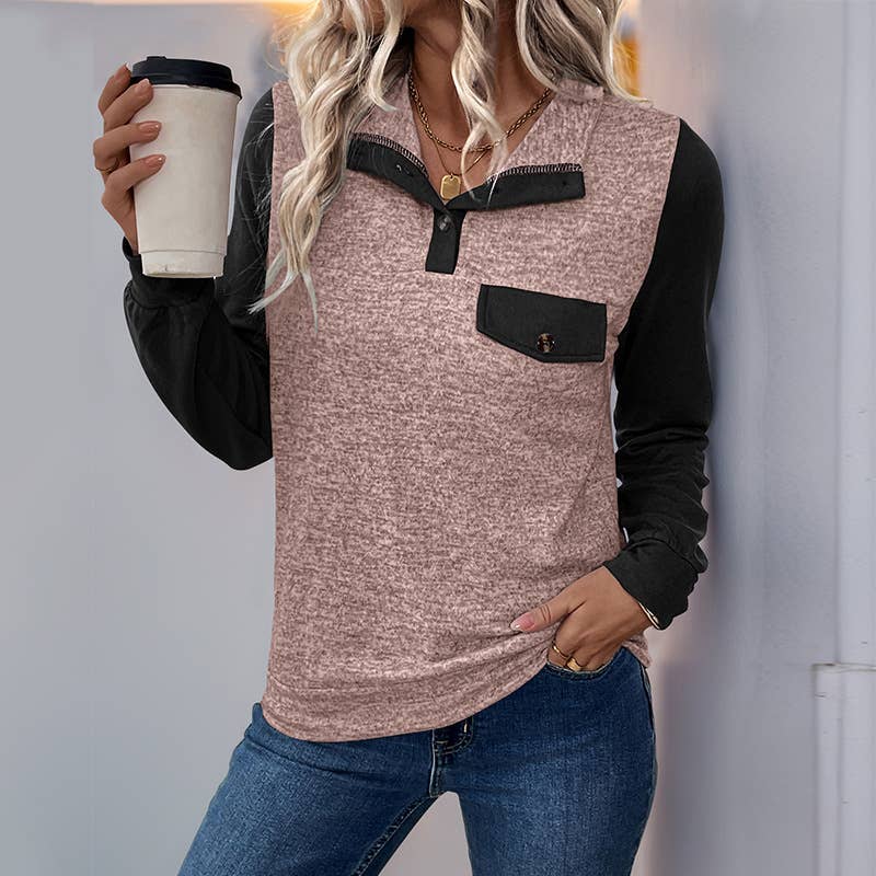 LAPEL ZIPPER CASUAL COLOR PATCHWORK HOODIE