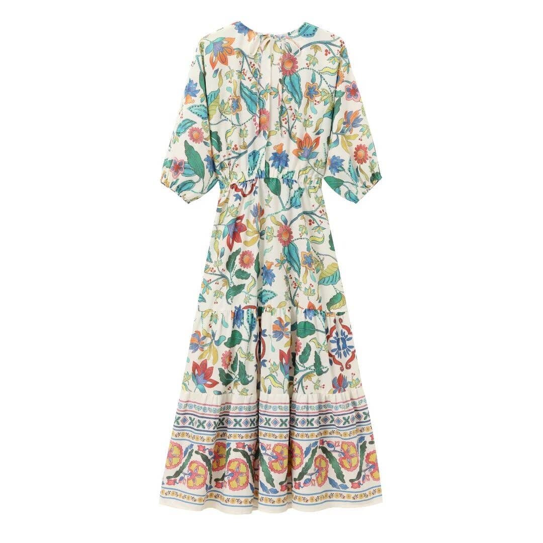Printed V-neck hollowed-out linen blend dress