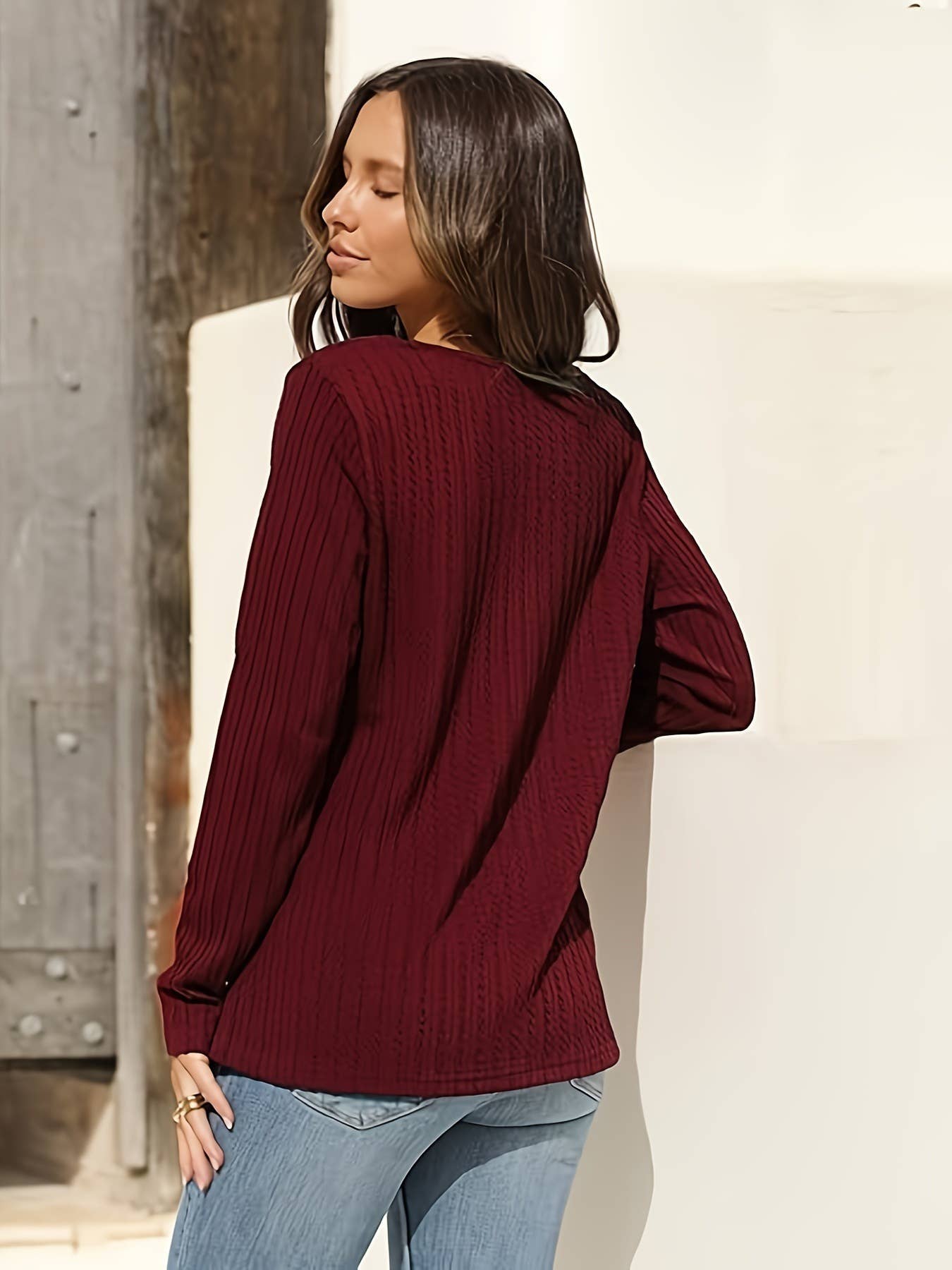 V-NECK T-SHIRT CASUAL JACQUARD TEXTURE KNIT TOP