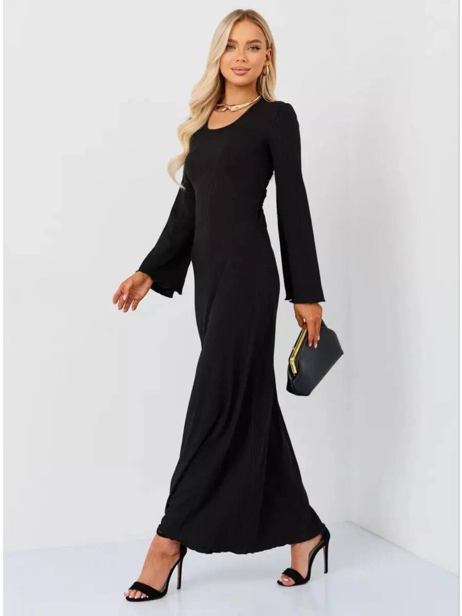 Loose U collar back strap flared sleeve dress