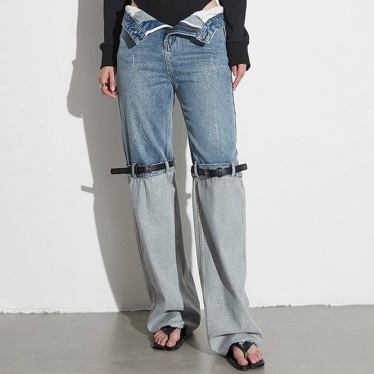 WOMENS HIGH WAISTED STRAIGHT LEG PATCHWORK JEANS