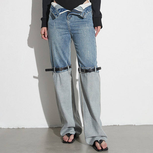 WOMENS HIGH WAISTED STRAIGHT LEG PATCHWORK JEANS