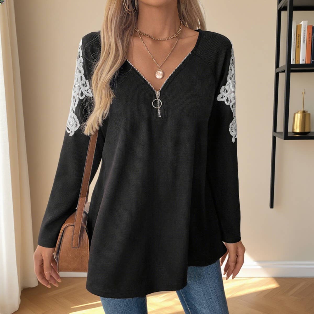 Lace patchwork long-sleeved T-shirt
