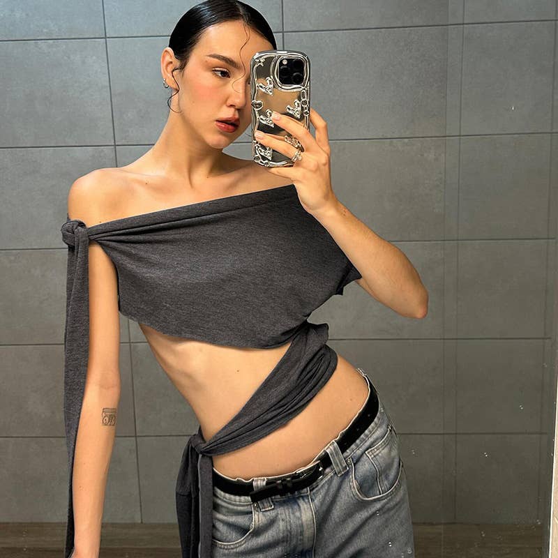 Fashion Off-Shoulder Sexy Tie Waist Crop Top