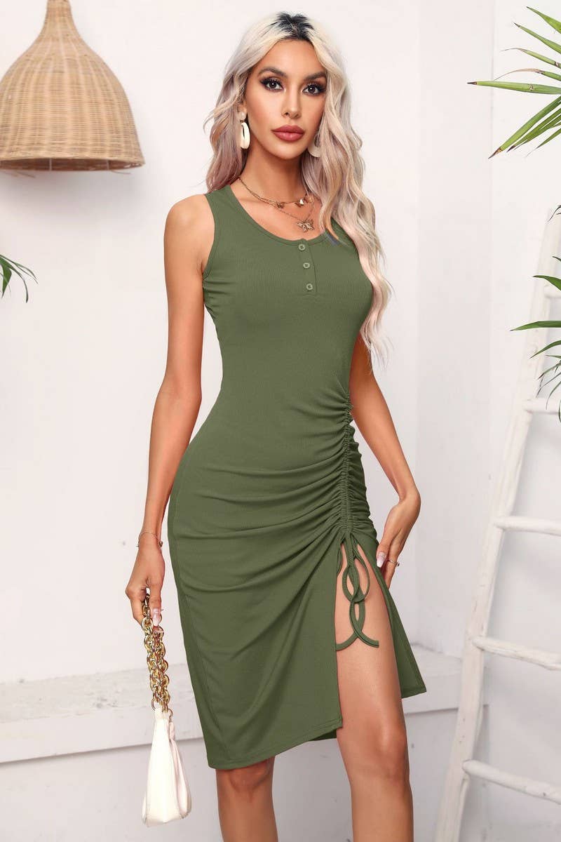 CWDSD2918_BUTTON NECK RUCHED  SLEEVELESS BODYCON MINI DRESS
