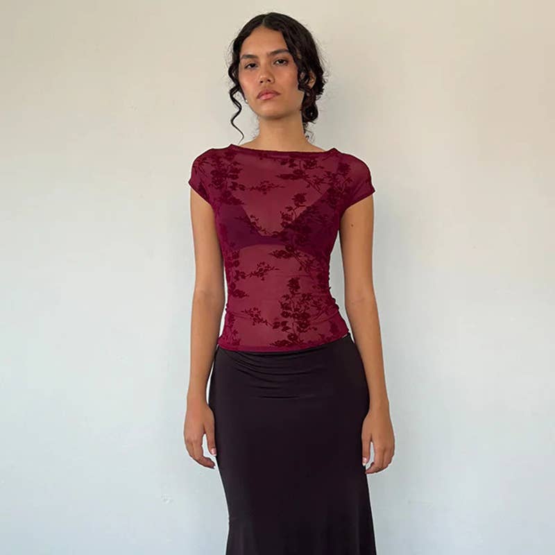 Sheer Mesh Vintage Print Sexy Top Short Sleeve