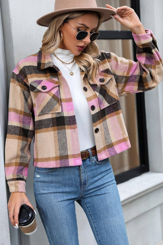 CWOCO1100_LAPEL LONG SLEEVE POCKET PLAID SHORT COAT