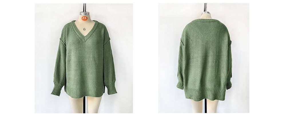 V-neck loose solid color long-sleeved sweater