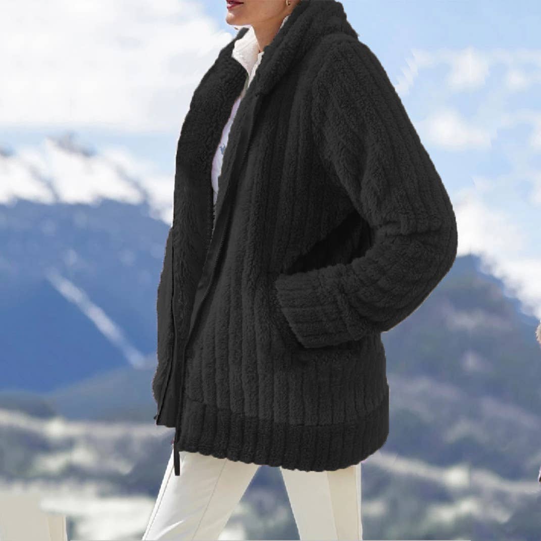 WARM PLUSH MID-LENGTH COAT WITH SOLID LAPELS