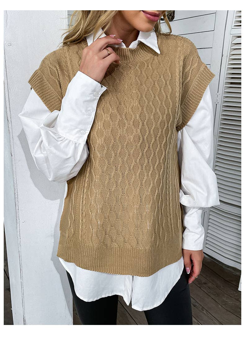 Solid color round neck twist knit pullover vest