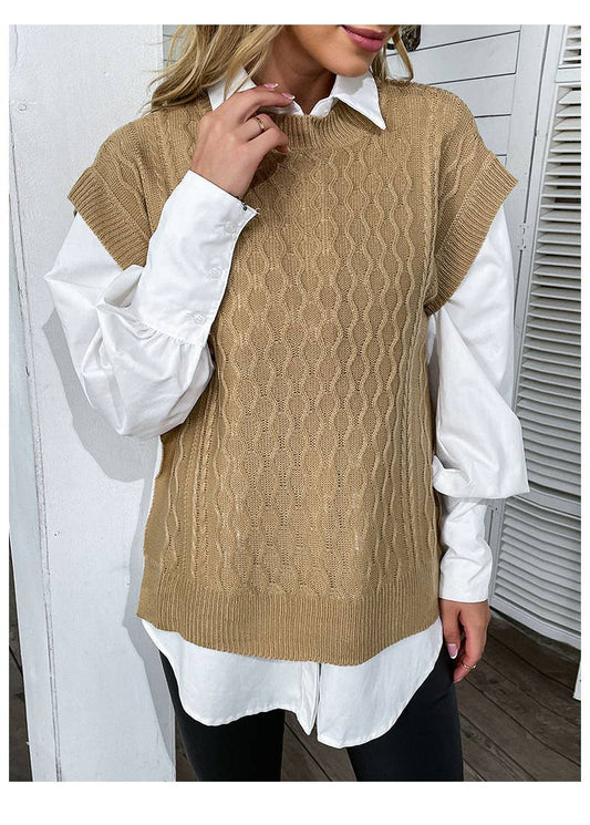 Solid color round neck twist knit pullover vest