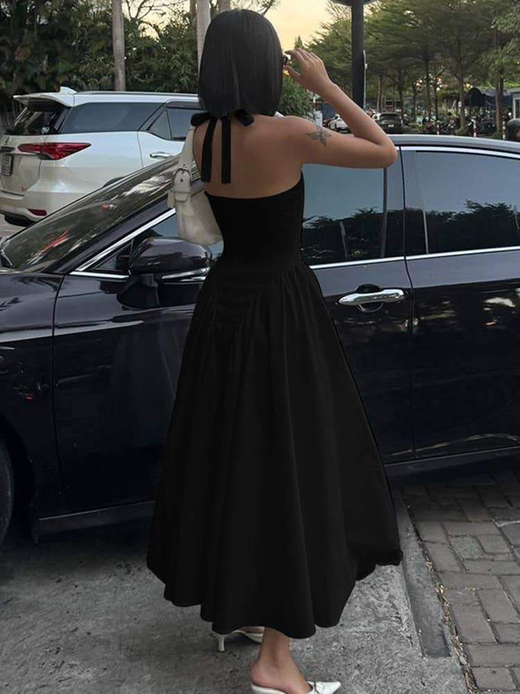 Solid Deep V Halter Cutout Flare Dress