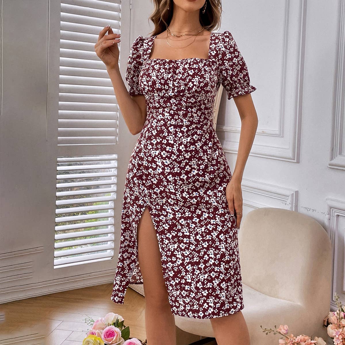 Square-neck pullover high-waisted elegant dress