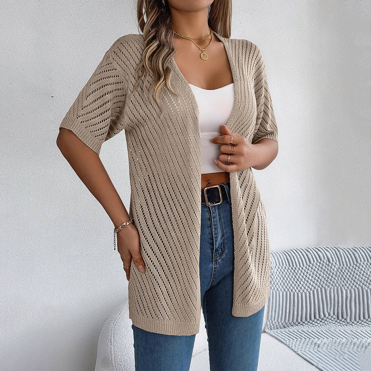 Hollow-out short-sleeved cardigan