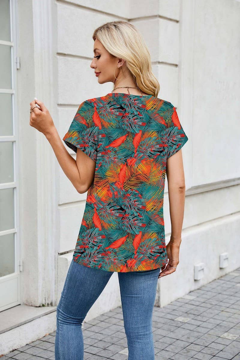 Cwtbls1742_Printed Crew Neck Loose Short Sleeve T-Shirt Top