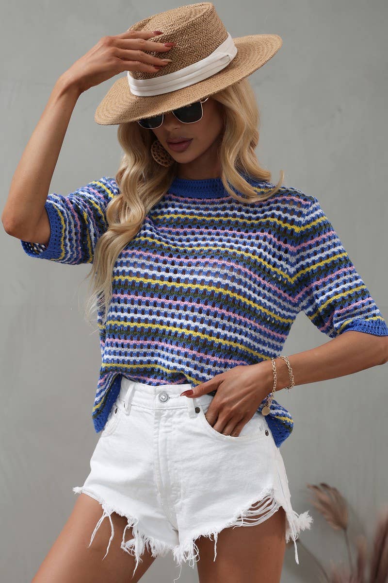 Cwtts0736_Crochet Short Sleeve Pullover Sweater