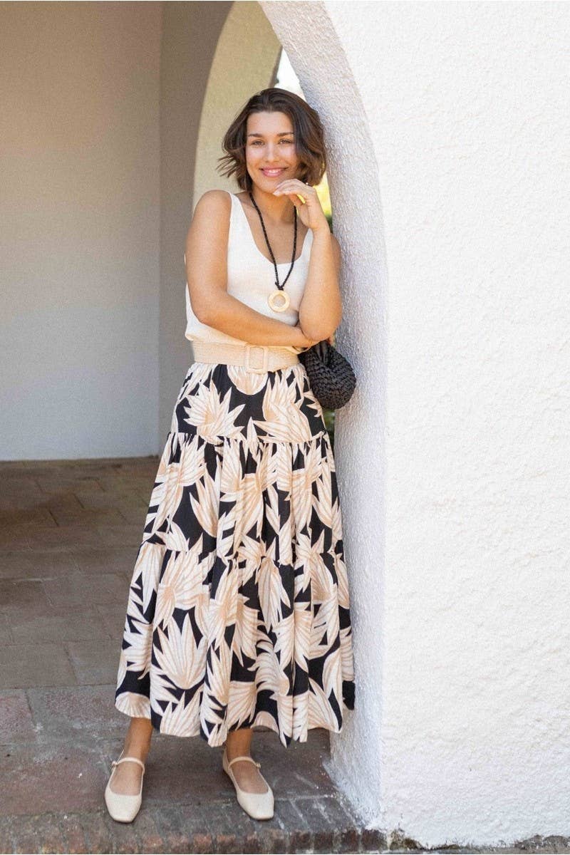 CWBLS0672_FLORAL ELASTIC WAIST VACATION MAXI SKIRT