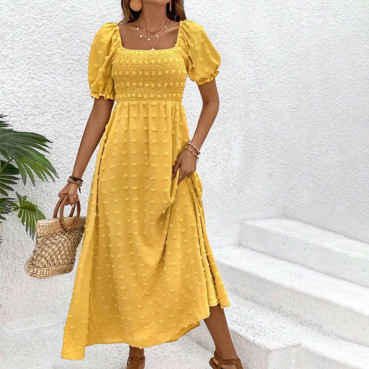 Solid color swiss polka dot square collar dress