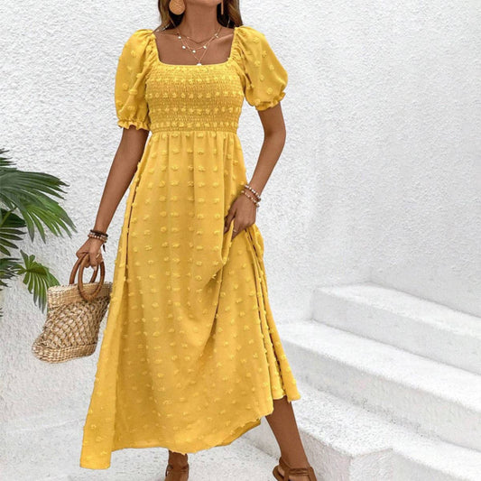 Solid color swiss polka dot square collar dress