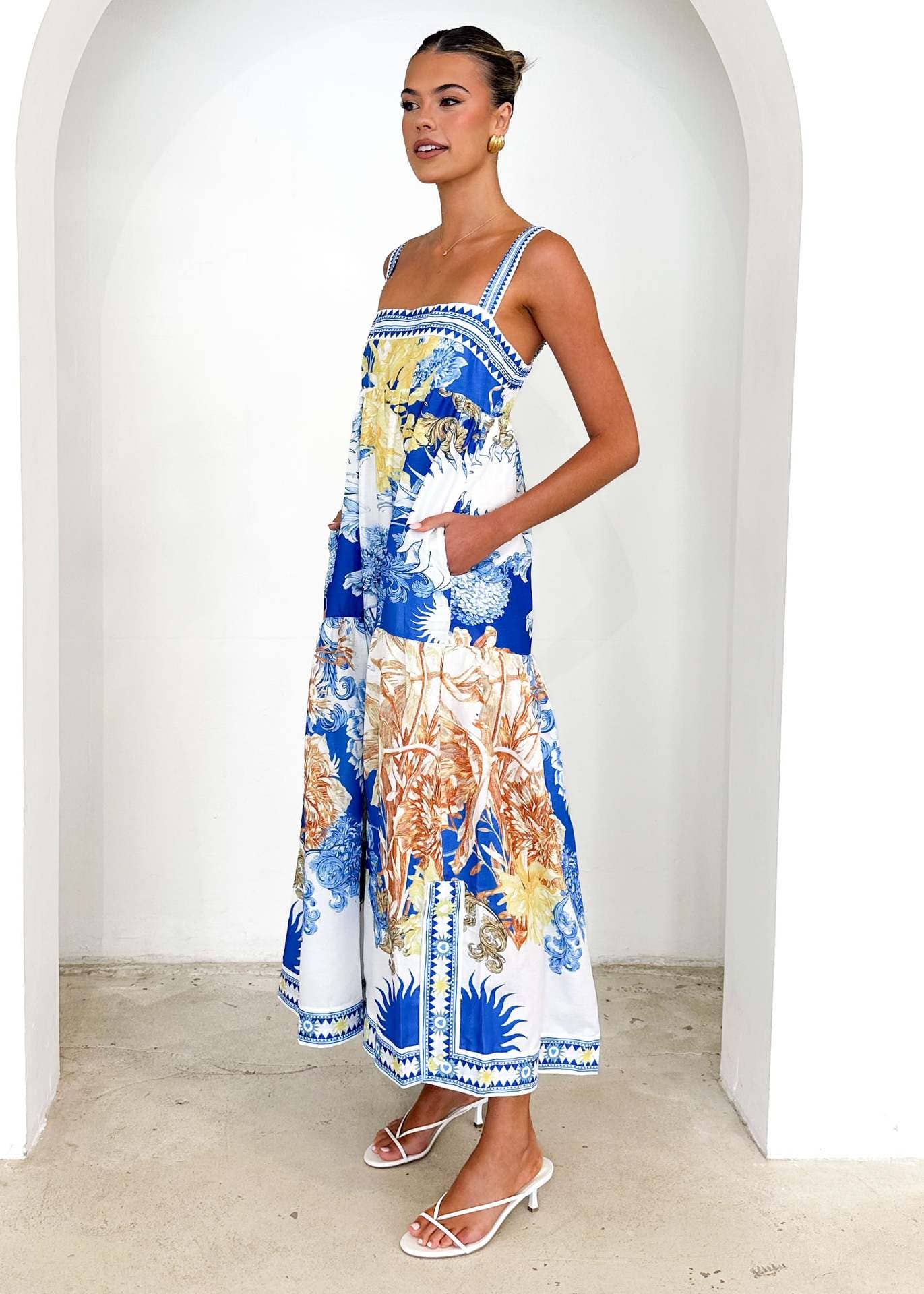 Vacation style long printed halter dress