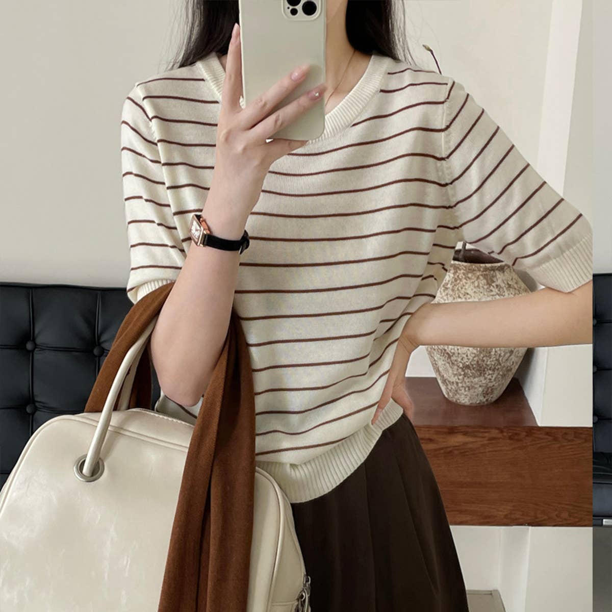 Literary cape striped knitted blouse two-piece set