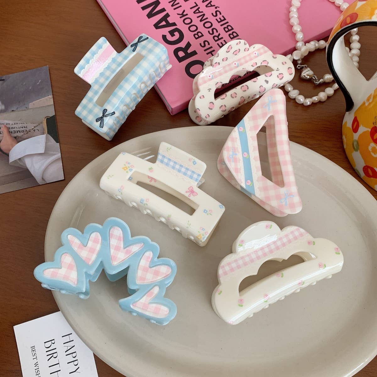 Cute Acrylic Floral Plaid Bow Hair Clip Shark Clip