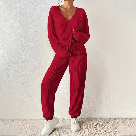 PIT-TRIMMED V-NECK LOOSE LACE-UP TOP PANTS SUIT