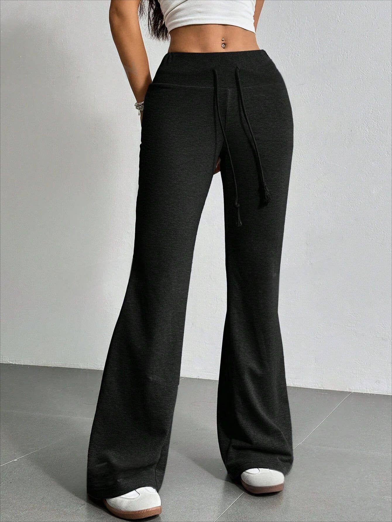 DRAWSTRING HIGH-WAISTED SOLID COLOR BELL BOTTOMS