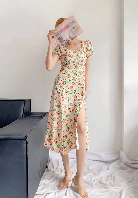 French Cherry Print Short Sleeve Split Dress