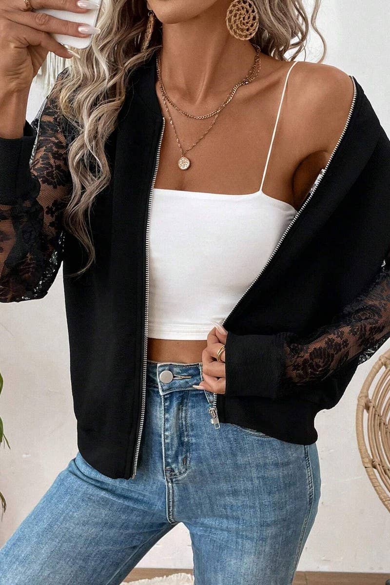 CWOCO1134_LACE PANEL LONG SLEEVE BASEBALL COLLAR JACKET TOP