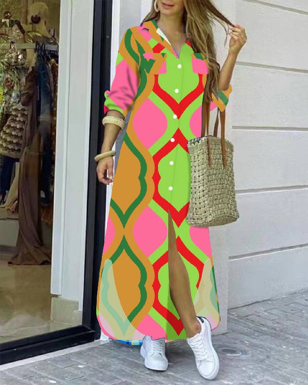 FASHION LONG-SLEEVED PRINTED SHIRTDRESS