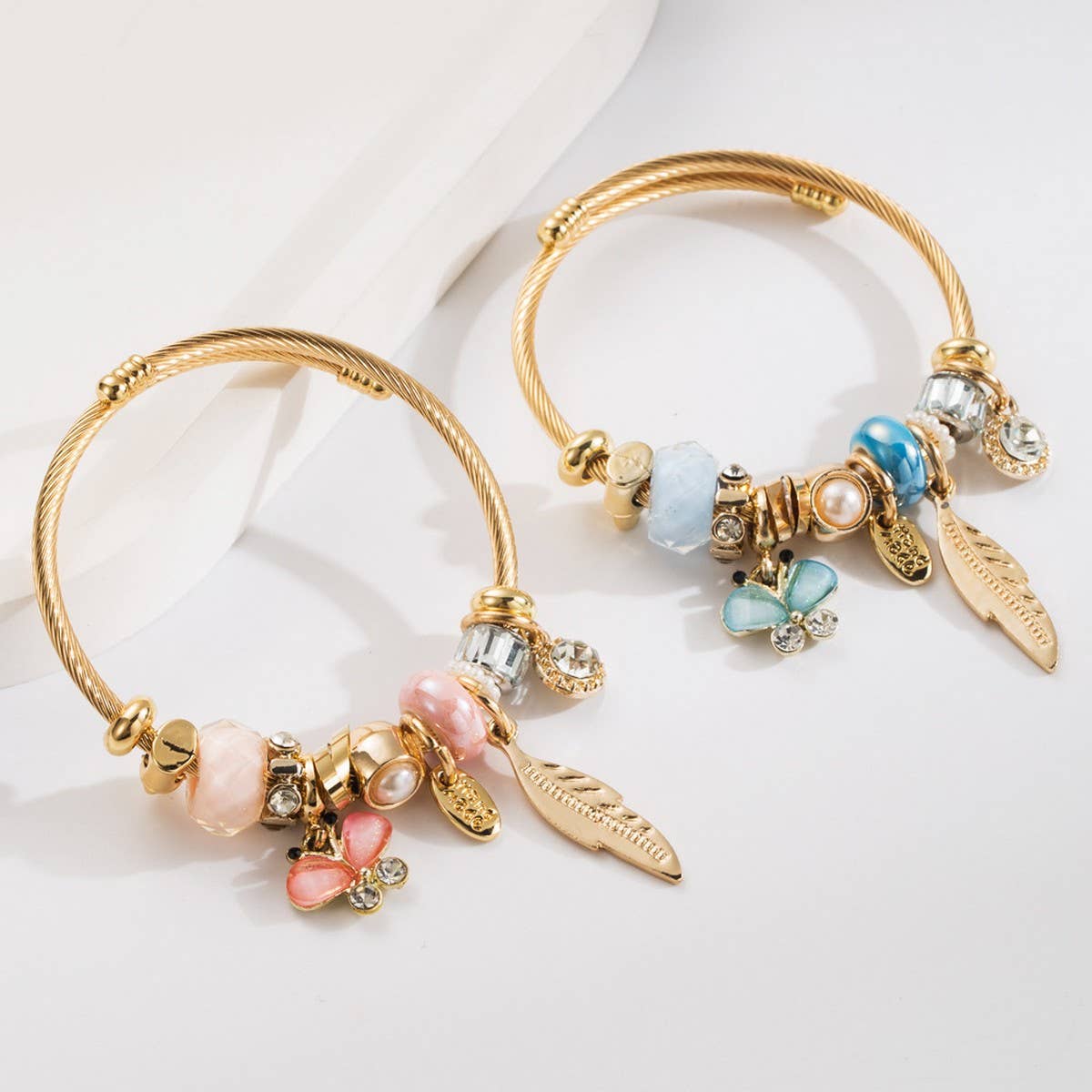 Beaded Steel Bracelet with Leaf & Butterfly_CWMM8618